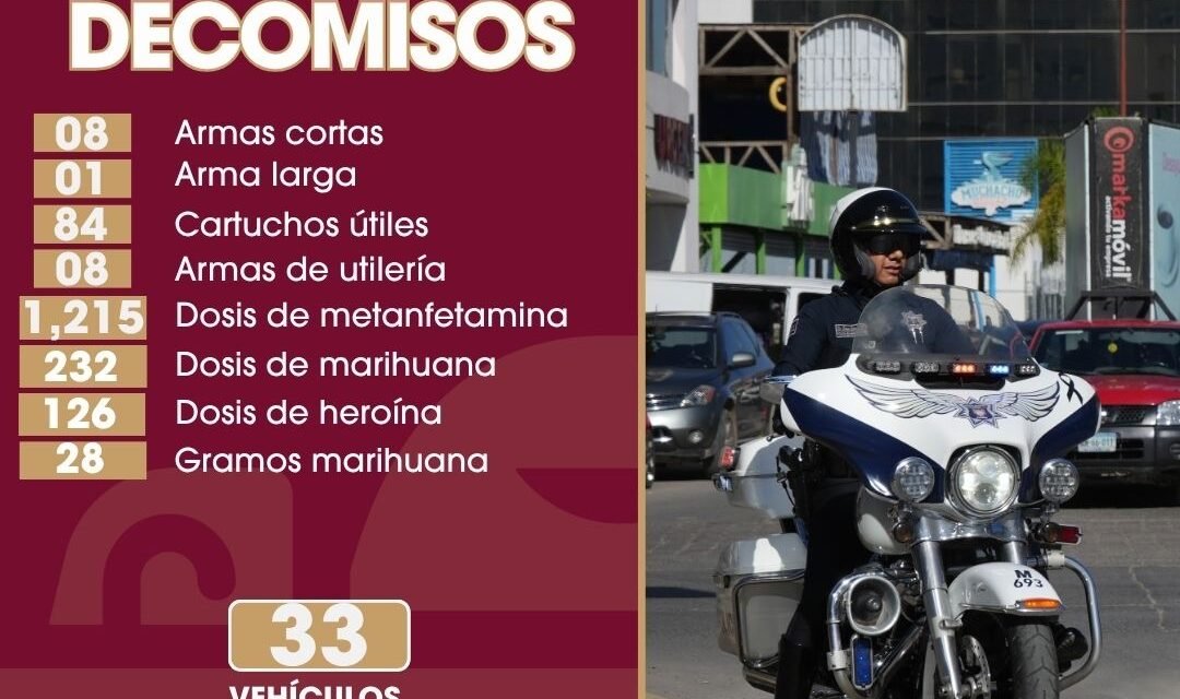 Decomisa Policía Municipal de Tijuana más de mil 500 dosis de sustancias prohibidas y nueve armas en operativos preventivos